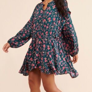 Free People Flower Fields Mini Dress Green Floral Boho Long Sleeve Sz M Flowy